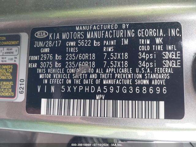 KIA Sorento 3.3l Ex 2018 5XYPHDA59JG368696 Image 9
