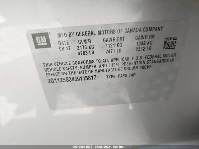 Chevrolet IMPALA 2LZ 2018 2G1125S34J9115817 Image 9