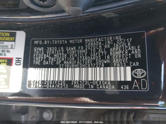 2T1BURHE0HC917278 Toyota COROLLA SE