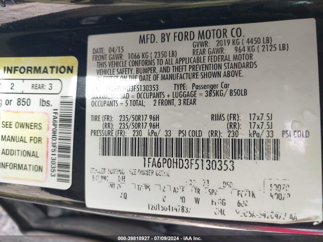Ford FUSION SE 2015 1FA6P0HD3F5130353 Image 9