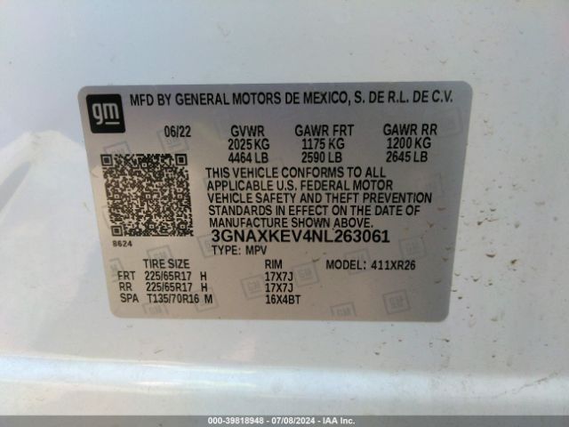 3GNAXKEV4NL263061 Chevrolet Equinox Fwd Lt