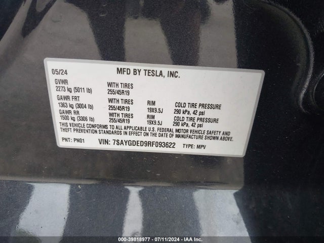 Tesla Model Y Long Range/rwd 2024 7SAYGDED9RF093622 Image 9