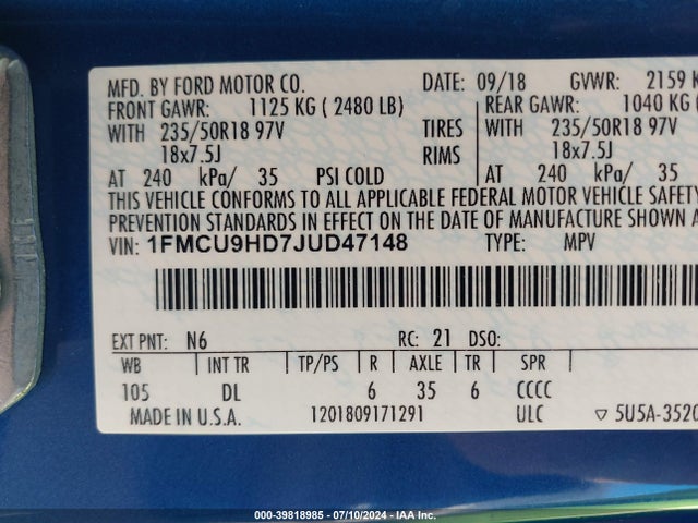 Ford ESCAPE SEL 2018 1FMCU9HD7JUD47148 Image 9
