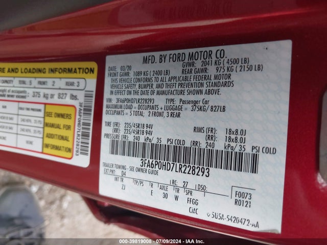 Ford FUSION SE 2020 3FA6P0HD7LR228293 Image 9