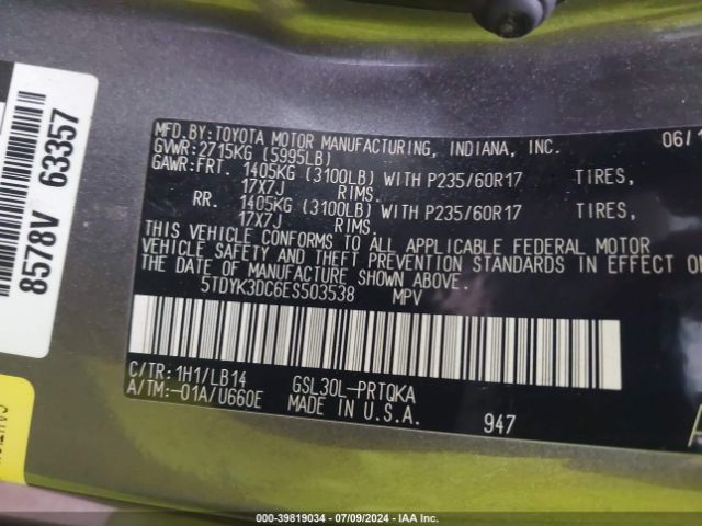 5TDYK3DC6ES503538 Toyota Sienna Xle V6 8 Passenger