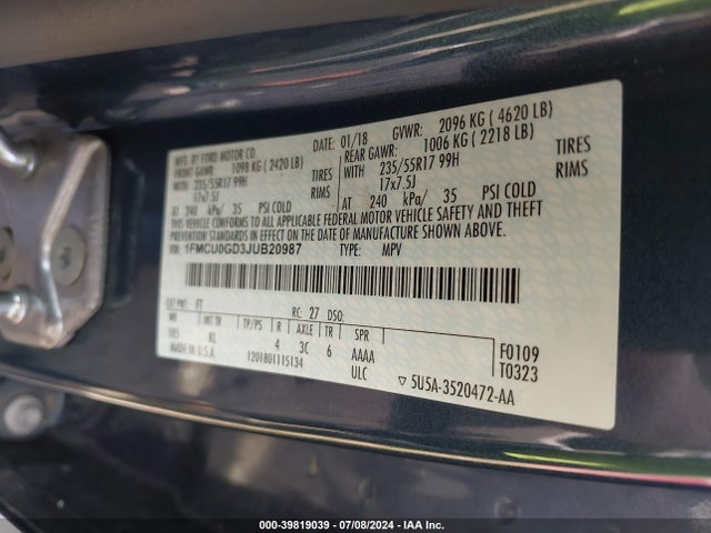 Ford ESCAPE SE 2018 1FMCU0GD3JUB20987 Image 9