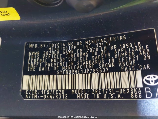 Toyota COROLLA SE 2018 5YFBURHE1JP785637 Image 9