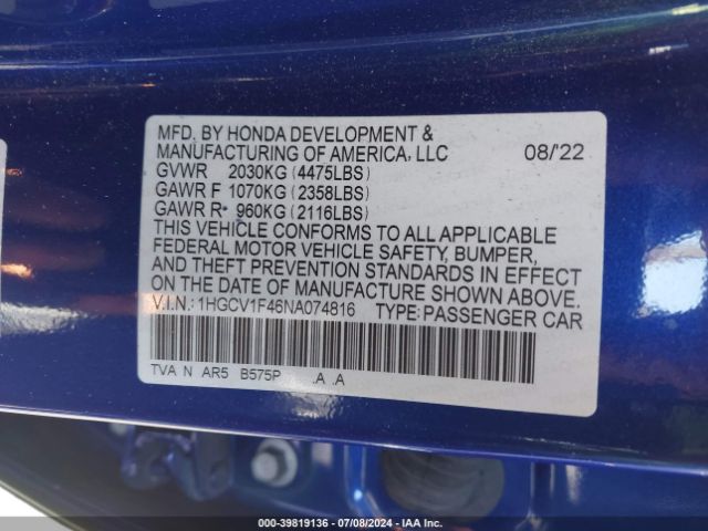 1HGCV1F46NA074816 Honda Accord Sport Special Edition