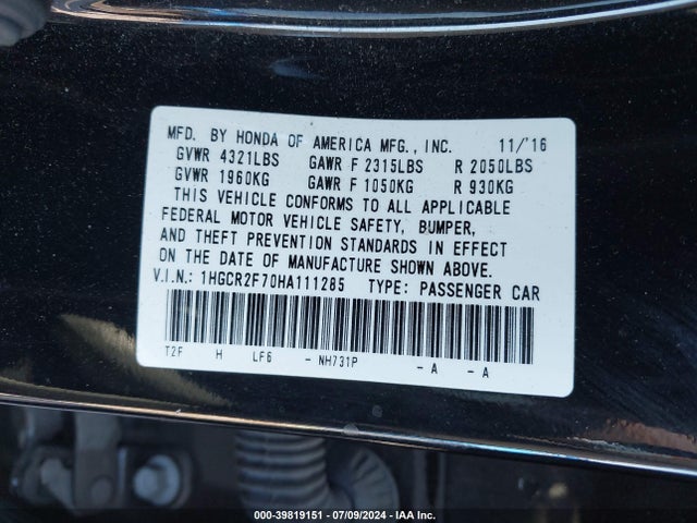 Honda ACCORD EX 2017 1HGCR2F70HA111285 Image 9
