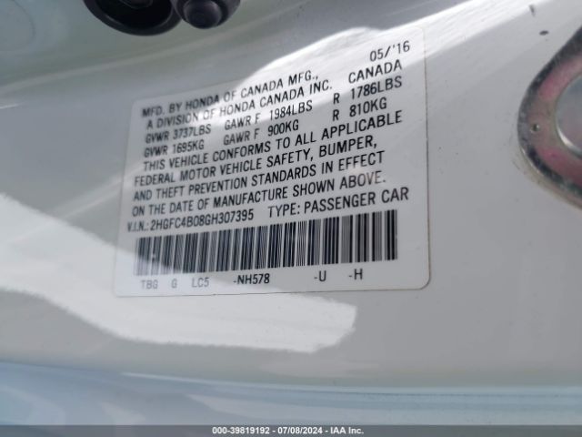2HGFC4B08GH307395 Honda Civic Lx-p