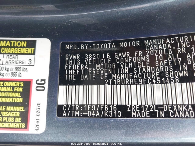 Toyota COROLLA LE 2015 2T1BURHE9FC451458 Image 9