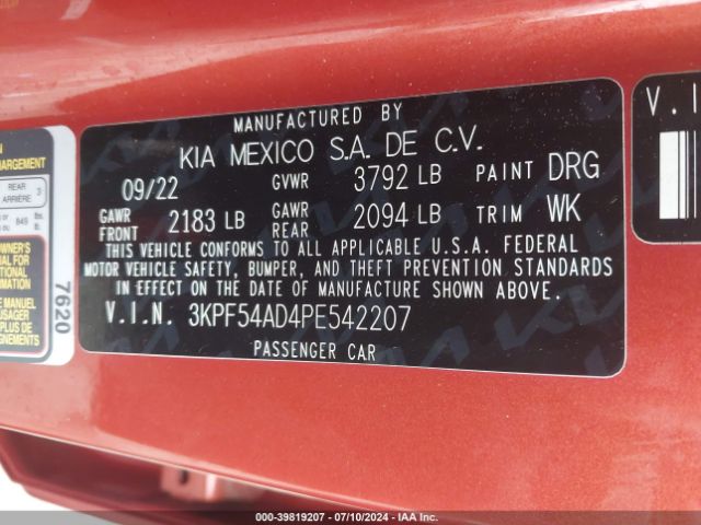 3KPF54AD4PE542207 KIA Forte Gt-line