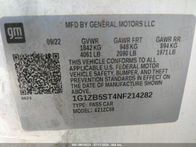 1G1ZB5ST4NF214282 Chevrolet Malibu Fwd Ls