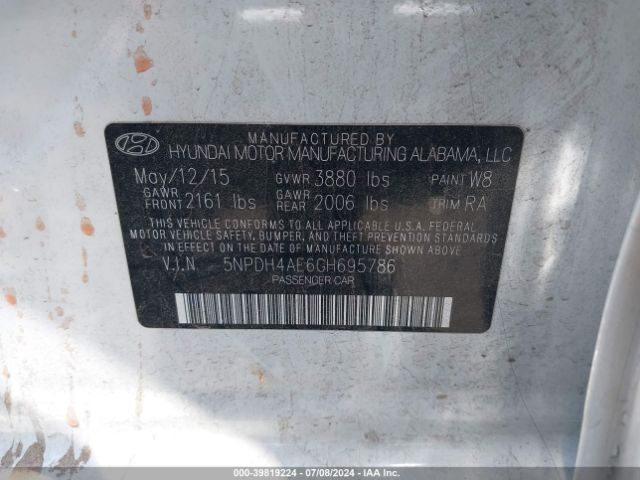 5NPDH4AE6GH695786 Hyundai ELANTRA SE