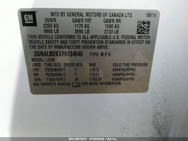 Chevrolet EQUINOX 1LT 2015 2GNALBEKXF6134846 Image 9