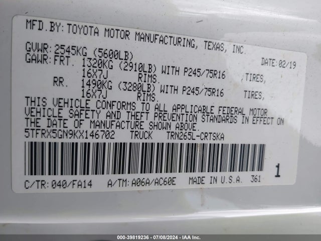 Toyota Tacoma Sr 2019 5TFRX5GN9KX146702 Image 9