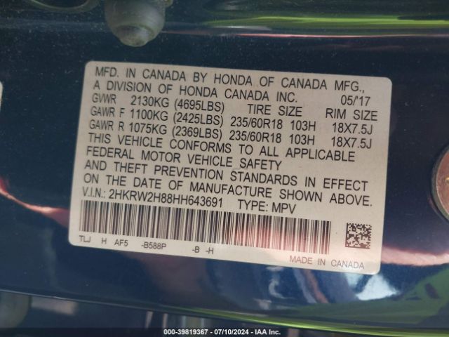 2HKRW2H88HH643691 Honda Cr-v Ex-l/ex-l Navi