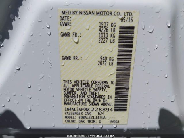 1N4AL3AP0GC228894 Nissan Altima 2.5/2.5 S/2.5 Sl/2.5 Sr/2.5 Sv