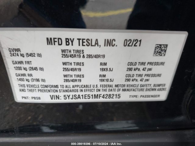 5YJSA1E51MF428215 Tesla Model S Long Range Dual Motor All-wheel Drive