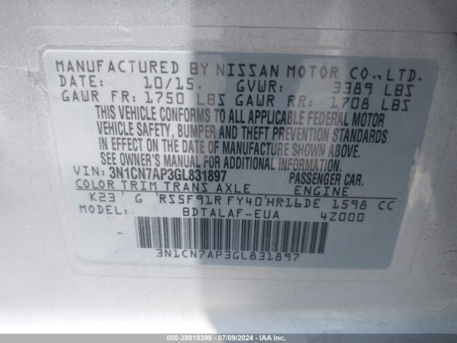 3N1CN7AP3GL831897 Nissan Versa 1.6 S