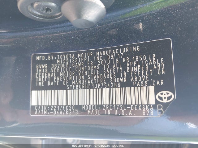 Toyota COROLLA SE 2018 5YFBURHE1JP754386 Image 9