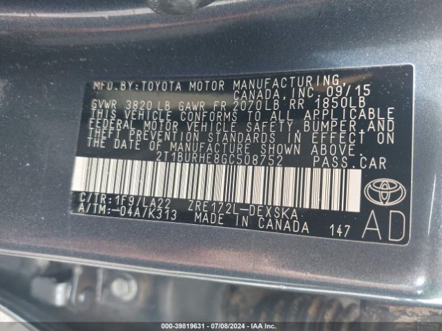2T1BURHE8GC508752 Toyota Corolla S Premium