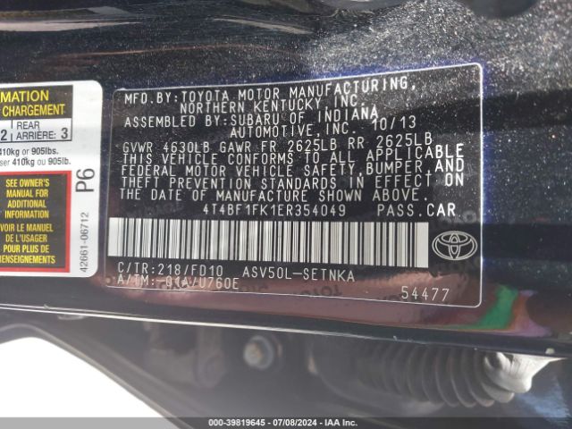 4T4BF1FK1ER354049 Toyota CAMRY LE