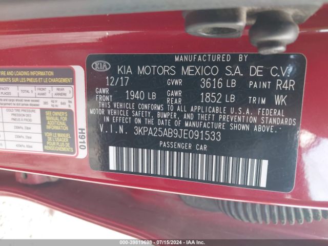 3KPA25AB9JE091533 KIA RIO S