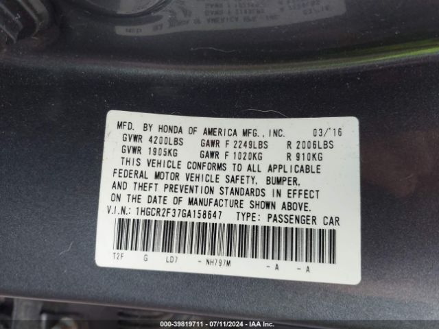 1HGCR2F37GA158647 Honda ACCORD LX