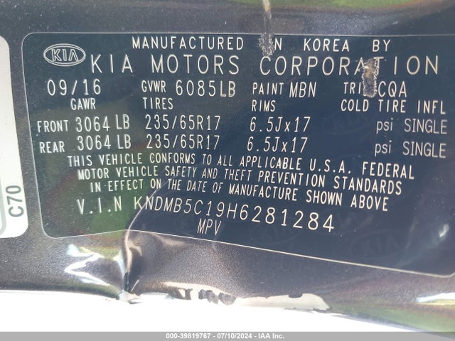 KIA SEDONA LX 2017 KNDMB5C19H6281284 Image 9