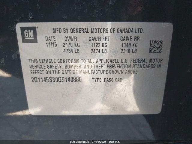 Chevrolet IMPALA 2LZ 2016 2G1145S30G9140880 Image 9