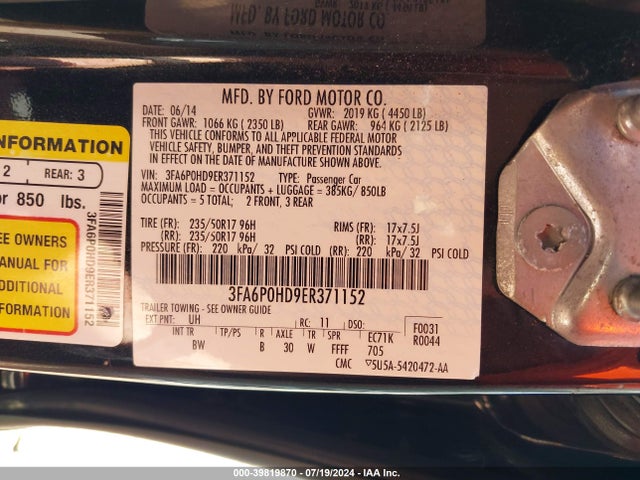 Ford FUSION SE 2014 3FA6P0HD9ER371152 Image 9