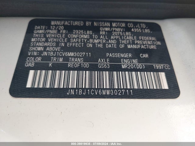 JN1BJ1CV6MW302711 Nissan Rogue Sport Sl Fwd Xtronic Cvt