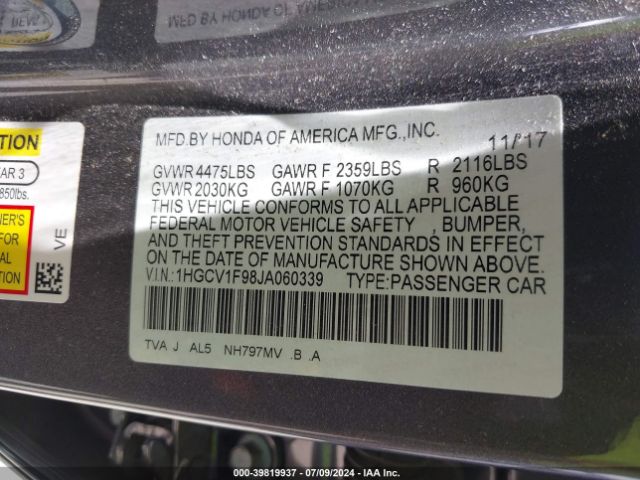 1HGCV1F98JA060339 Honda Accord Touring