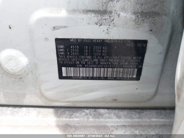 Subaru Legacy 2.5i Premium 2015 4S3BNBC63F3019722 Image 9