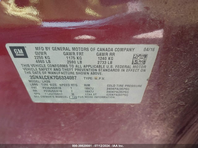 Chevrolet EQUINOX LT 2016 2GNALCEK7G6334087 Image 9