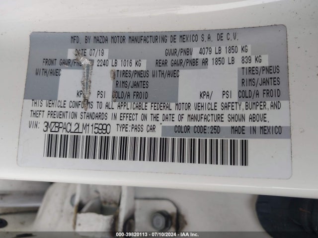 3MZBPACL2LM115990 Mazda Mazda3 Select Package