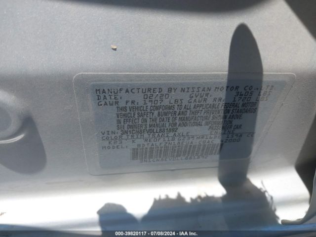 3N1CN8EV0LL881892 Nissan Versa Sv Xtronic Cvt