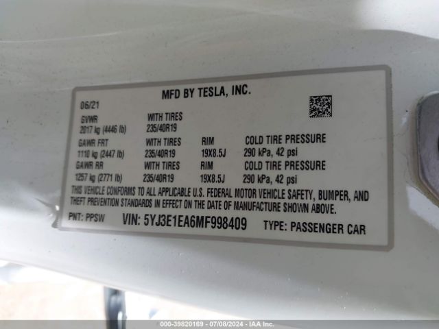 5YJ3E1EA6MF998409 Tesla Model 3 Standard Range Plus Rear-wheel Drive