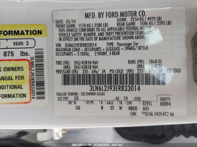 3LN6L2J93ER833014 Lincoln MKZ