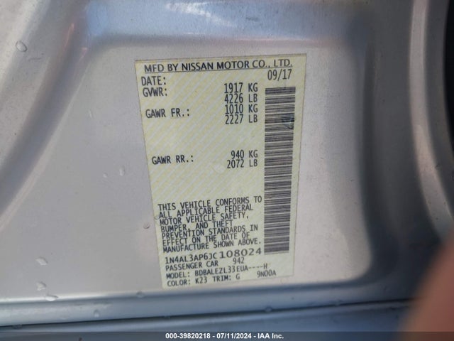 Nissan Altima 2.5 S 2018 1N4AL3AP6JC108024 Image 9