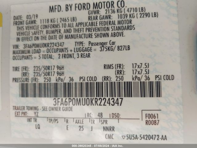 3FA6P0MU0KR224347 Ford Fusion Hybrid Sel