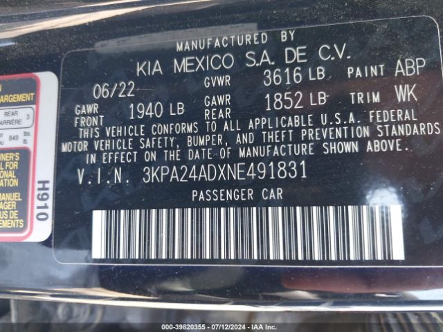 3KPA24ADXNE491831 KIA RIO LX