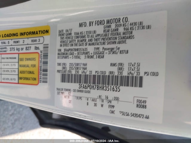 Ford FUSION SE 2017 3FA6P0H78HR351635 Image 9