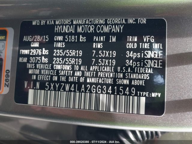 5XYZW4LA2GG341549 Hyundai Santa Fe Sport 2.0l Turbo