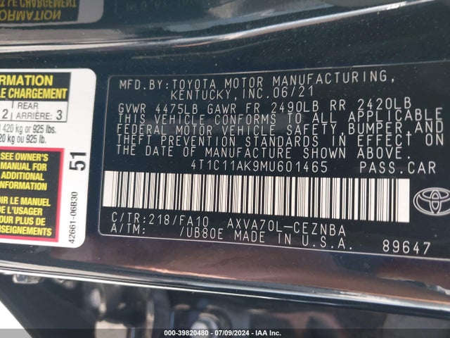 Toyota CAMRY LE 2021 4T1C11AK9MU601465 Image 9