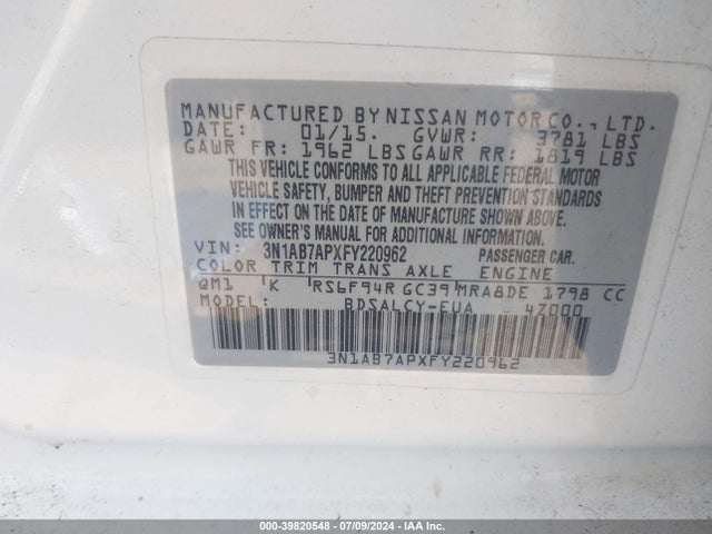 Nissan SENTRA S 2015 3N1AB7APXFY220962 Image 9