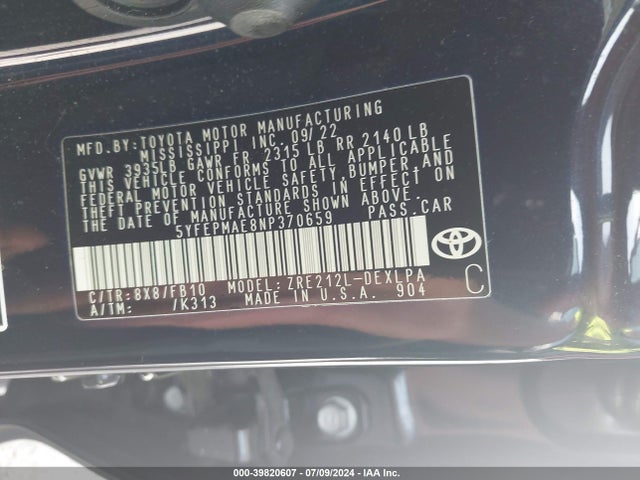 Toyota COROLLA LE 2022 5YFEPMAE8NP370659 Image 9