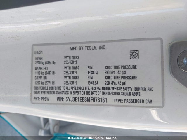 2021 TESLA MODEL 3 5YJ3E1EB3MF078181 Photo 8
