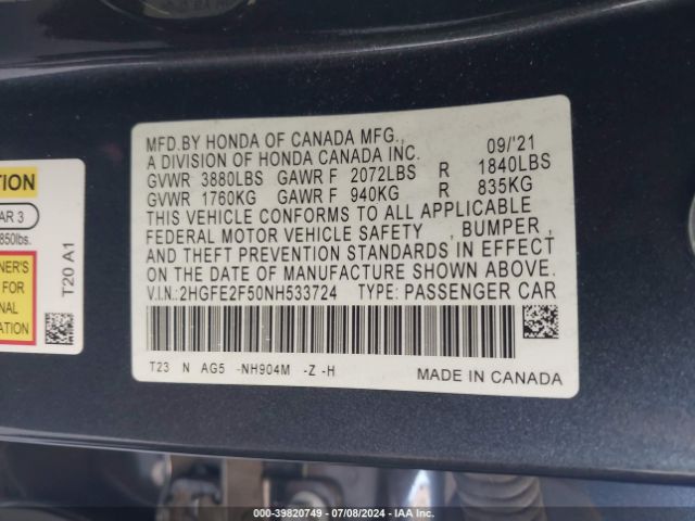 2HGFE2F50NH533724 Honda Civic Sport